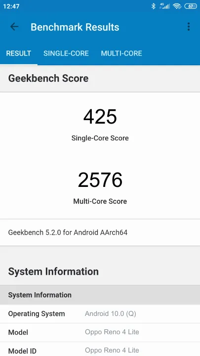 Oppo Reno 4 Lite Geekbench Benchmark результаты теста (score / баллы)