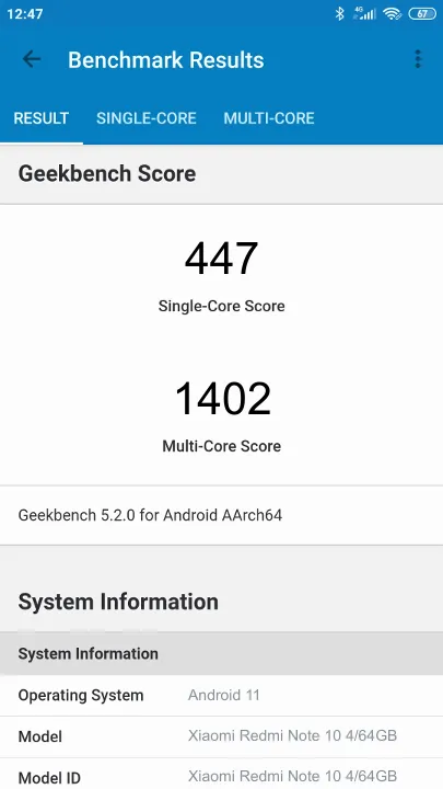 Xiaomi Redmi Note 10 4/64GB Geekbench Benchmark результаты теста (score / баллы)