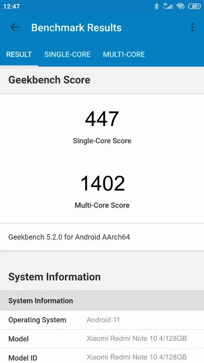 Xiaomi Redmi Note 10 4/128GB Geekbench Benchmark результаты теста (score / баллы)