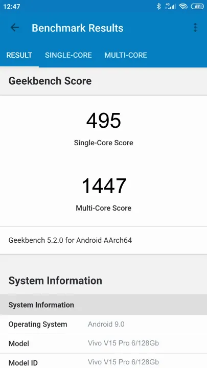 Vivo V15 Pro 6/128Gb Geekbench Benchmark результаты теста (score / баллы)