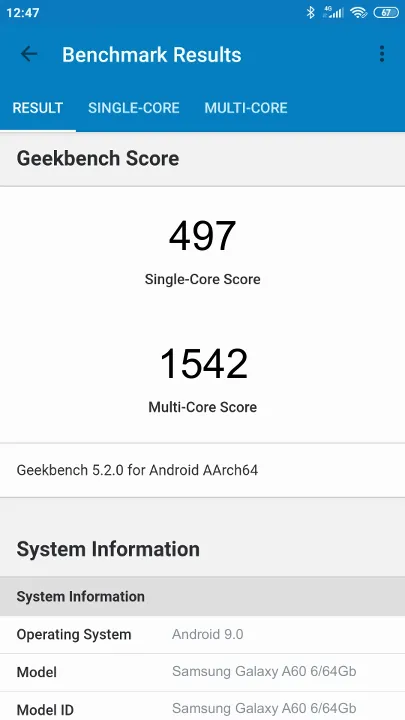 Samsung Galaxy A60 6/64Gb Geekbench Benchmark результаты теста (score / баллы)
