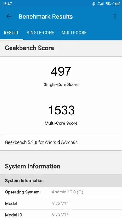 Vivo V17 Geekbench Benchmark результаты теста (score / баллы)