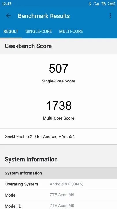 ZTE Axon M9 Geekbench Benchmark результаты теста (score / баллы)