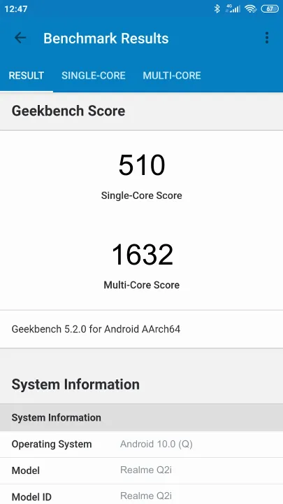 Realme Q2i Geekbench Benchmark результаты теста (score / баллы)