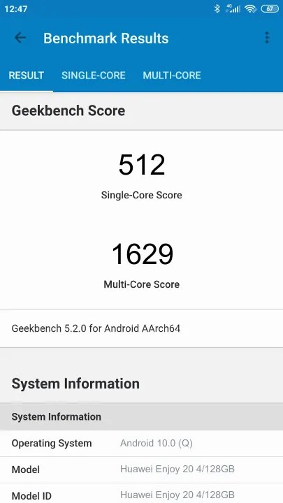 Huawei Enjoy 20 4/128GB Geekbench Benchmark результаты теста (score / баллы)