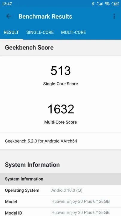 Huawei Enjoy 20 Plus 6/128GB Geekbench Benchmark результаты теста (score / баллы)