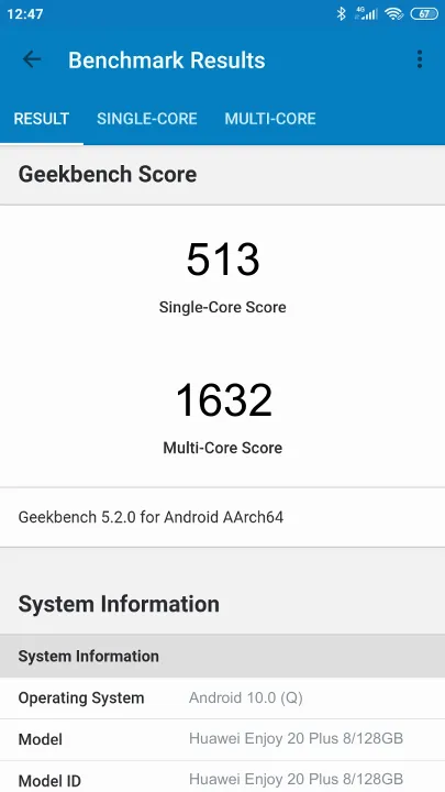 Huawei Enjoy 20 Plus 8/128GB Geekbench Benchmark результаты теста (score / баллы)