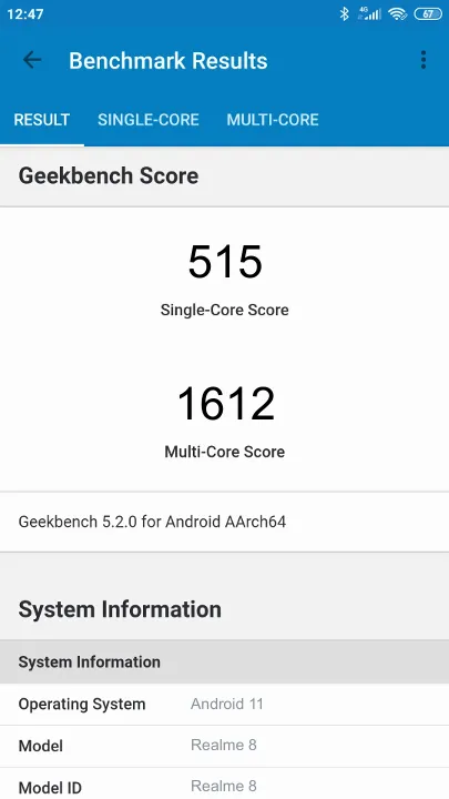 Realme 8 Geekbench Benchmark результаты теста (score / баллы)