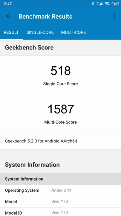 Vivo Y73 Geekbench Benchmark результаты теста (score / баллы)