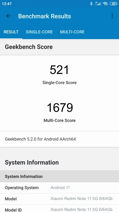 Xiaomi Redmi Note 11 5G 6/64Gb Geekbench Benchmark результаты теста (score / баллы)