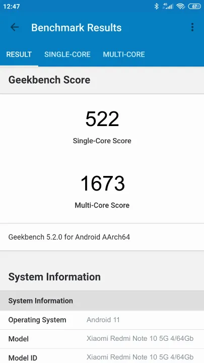 Xiaomi Redmi Note 10 5G 4/64Gb Geekbench Benchmark результаты теста (score / баллы)