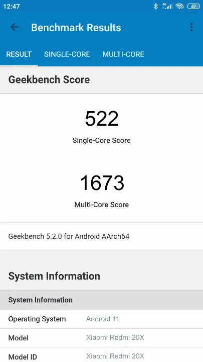 Xiaomi Redmi 20X Geekbench Benchmark результаты теста (score / баллы)