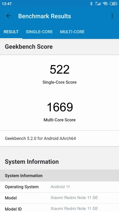 Xiaomi Redmi Note 11 SE Geekbench Benchmark результаты теста (score / баллы)