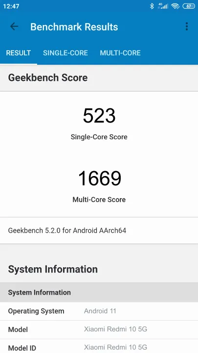 Xiaomi Redmi 10 5G 4/64GB Geekbench Benchmark результаты теста (score / баллы)