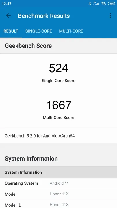 Honor 11X Geekbench Benchmark результаты теста (score / баллы)
