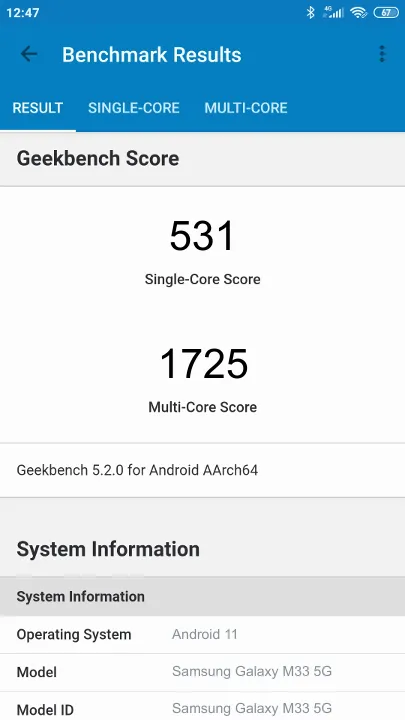Samsung Galaxy M33 5G Geekbench Benchmark результаты теста (score / баллы)