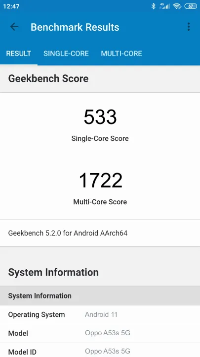 Oppo A53s 5G Geekbench Benchmark результаты теста (score / баллы)