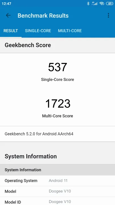 Doogee V10 Geekbench Benchmark результаты теста (score / баллы)