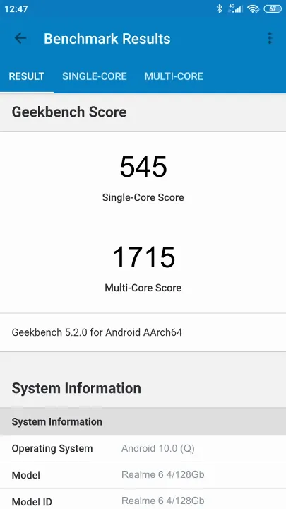 Realme 6 4/128Gb Geekbench Benchmark результаты теста (score / баллы)