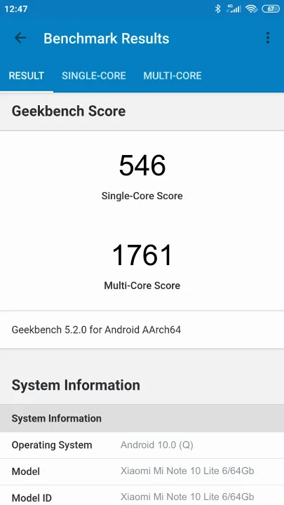 Xiaomi Mi Note 10 Lite 6/64Gb Geekbench Benchmark результаты теста (score / баллы)