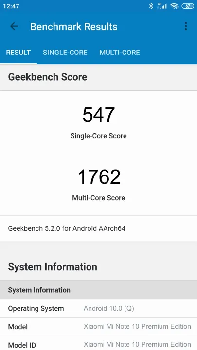 Xiaomi Mi Note 10 Premium Edition Geekbench Benchmark результаты теста (score / баллы)