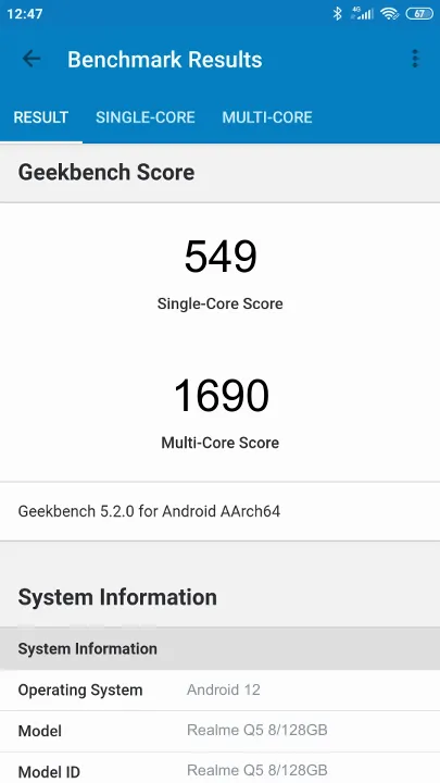 Realme Q5 8/128GB Geekbench Benchmark результаты теста (score / баллы)