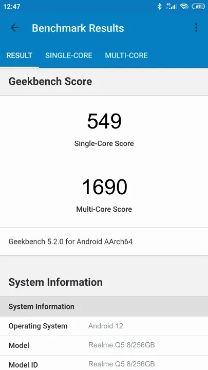 Realme Q5 8/256GB Geekbench Benchmark результаты теста (score / баллы)
