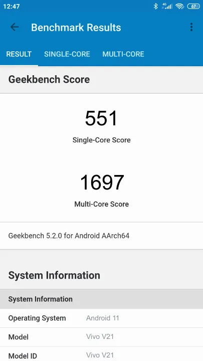 Vivo V21 Geekbench Benchmark результаты теста (score / баллы)