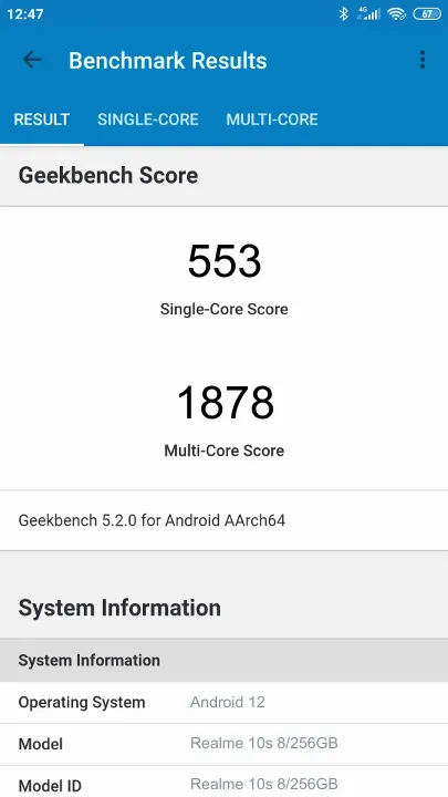 Realme 10s 8/256GB Geekbench Benchmark результаты теста (score / баллы)