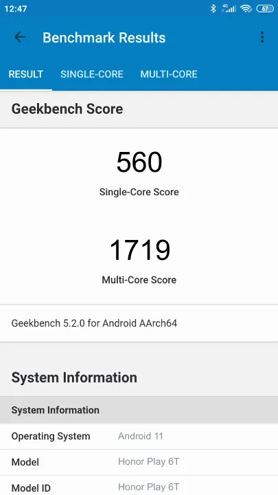 Honor Play 6T 8/128GB Geekbench Benchmark результаты теста (score / баллы)