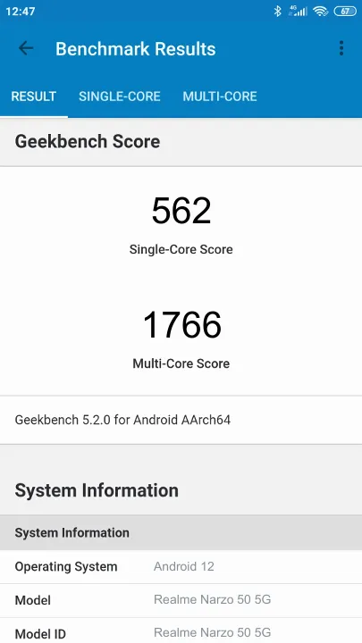 Realme Narzo 50 5G 4/64GB Geekbench Benchmark результаты теста (score / баллы)