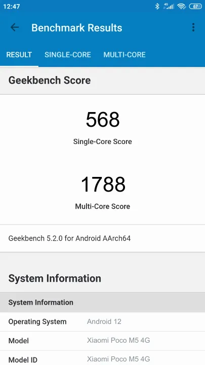 Xiaomi Poco M5 4/64GB Geekbench Benchmark результаты теста (score / баллы)