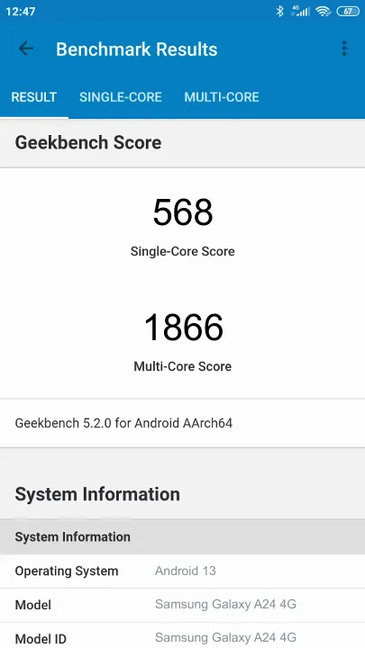 Samsung Galaxy A24 4G Geekbench Benchmark результаты теста (score / баллы)