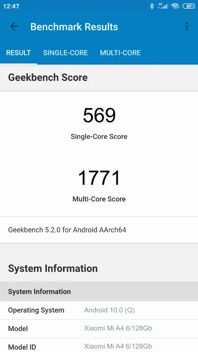 Xiaomi Mi A4 6/128Gb Geekbench Benchmark результаты теста (score / баллы)