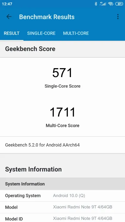 Xiaomi Redmi Note 9T 4/64GB Geekbench Benchmark результаты теста (score / баллы)
