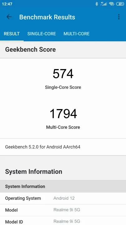 Realme 9i 5G 4/64GB Geekbench Benchmark результаты теста (score / баллы)