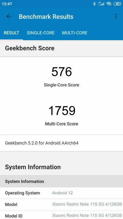 Xiaomi Redmi Note 11S 5G 4/128GB Geekbench Benchmark результаты теста (score / баллы)