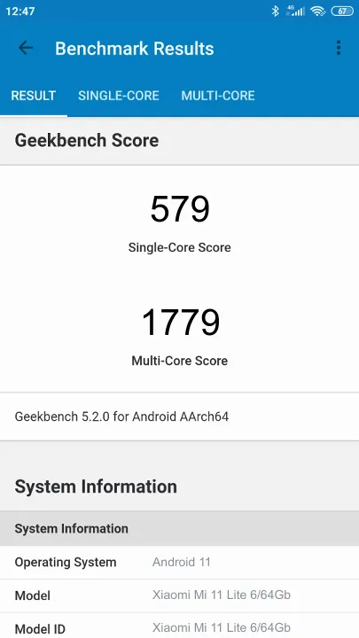 Xiaomi Mi 11 Lite 6/64Gb Geekbench Benchmark результаты теста (score / баллы)