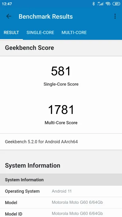Motorola Moto G60 6/64Gb Geekbench Benchmark результаты теста (score / баллы)