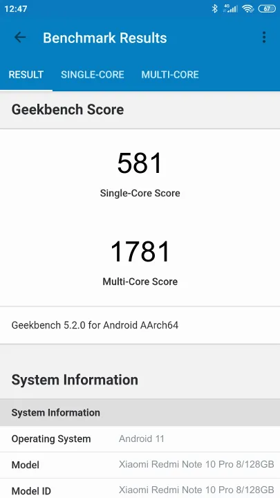 Xiaomi Redmi Note 10 Pro 8/128GB Geekbench Benchmark результаты теста (score / баллы)
