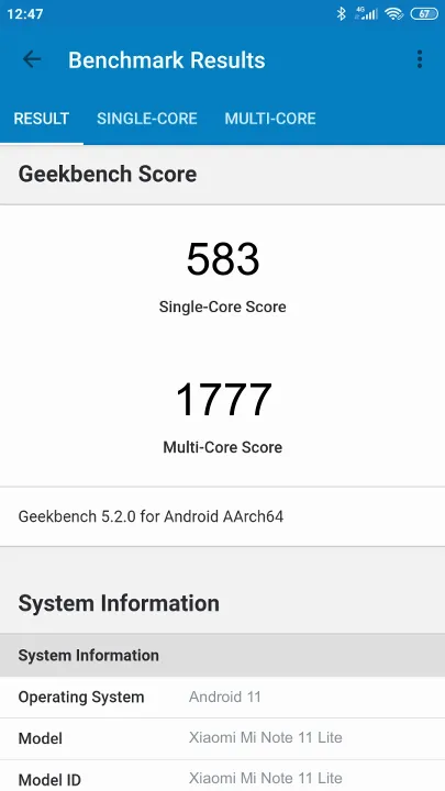 Xiaomi Mi Note 11 Lite Geekbench Benchmark результаты теста (score / баллы)