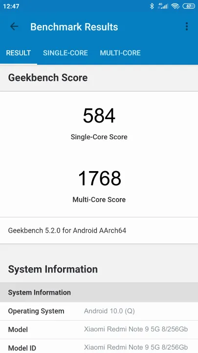 Xiaomi Redmi Note 9 5G 8/256Gb Geekbench Benchmark результаты теста (score / баллы)