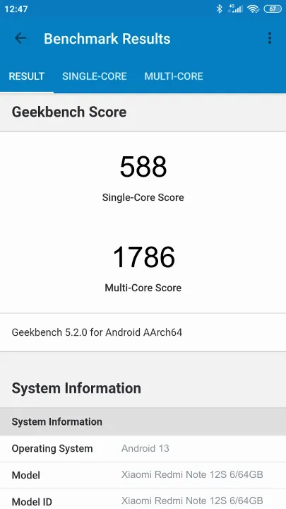 Xiaomi Redmi Note 12S 6/64GB Geekbench Benchmark результаты теста (score / баллы)