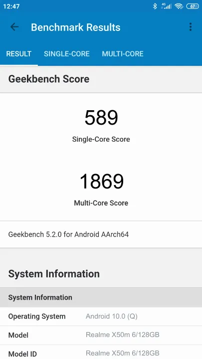 Realme X50m 6/128GB Geekbench Benchmark результаты теста (score / баллы)
