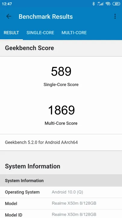 Realme X50m 8/128GB Geekbench Benchmark результаты теста (score / баллы)