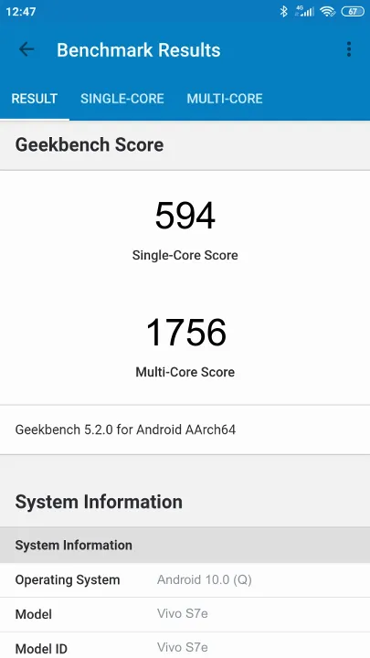Vivo S7e Geekbench Benchmark результаты теста (score / баллы)