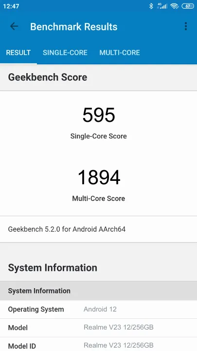 Realme V23 12/256GB Geekbench Benchmark результаты теста (score / баллы)