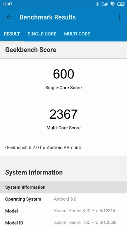 Xiaomi Redmi K20 Pro 8/128Gb Geekbench Benchmark результаты теста (score / баллы)