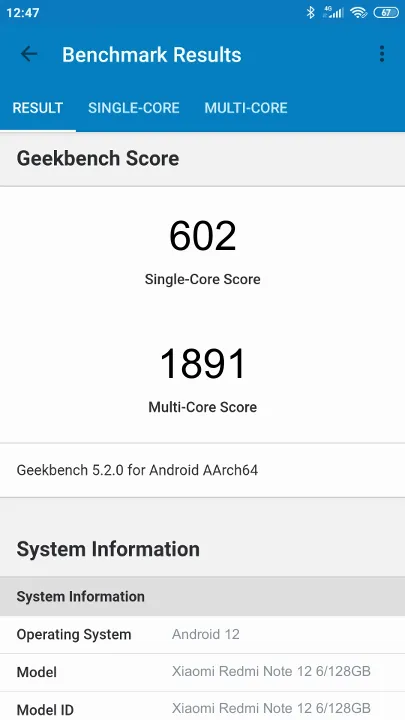 Xiaomi Redmi Note 12 6/128GB Geekbench Benchmark результаты теста (score / баллы)