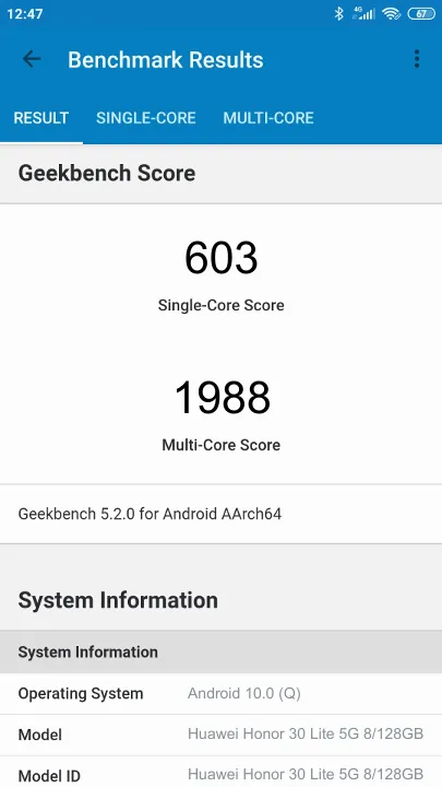 Huawei Honor 30 Lite 5G 8/128GB Geekbench Benchmark результаты теста (score / баллы)